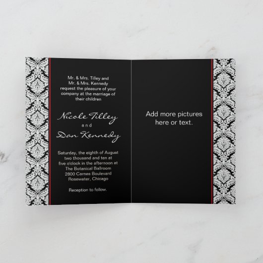 結婚式招待状の挨拶状の黒のダマスク織 招待状 (内部)