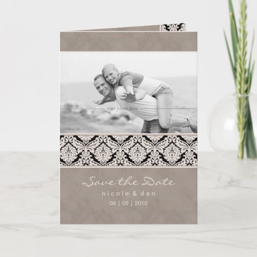 結婚式招待状の挨拶状ベージュ色ダマスク織 招待状 (正面)