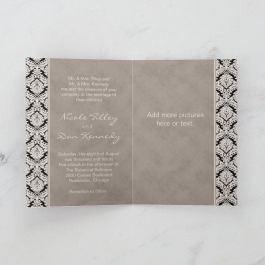 結婚式招待状の挨拶状ベージュ色ダマスク織 招待状 (内部)