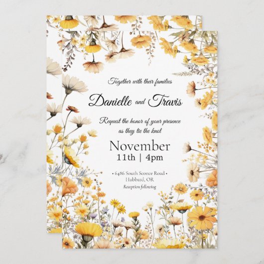 結婚式招待状の植物性ワイルドフラワーイエロー 招待状 (正面/裏面)