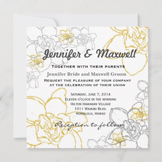 結婚式招待状の灰色および黄色の花 招待状 (正面)