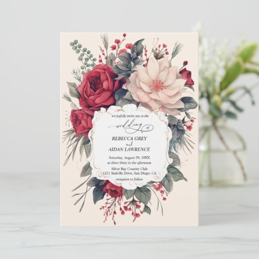 結婚式招待状の良い花の赤い青の上品 招待状 (スタンド正面)