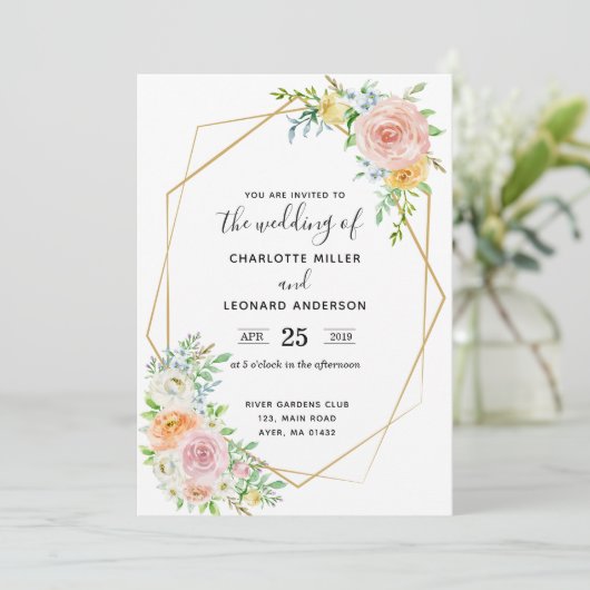 結婚式招待状の花の薄暗がりのピンクおよび金ゴールド 招待状 (スタンド正面)