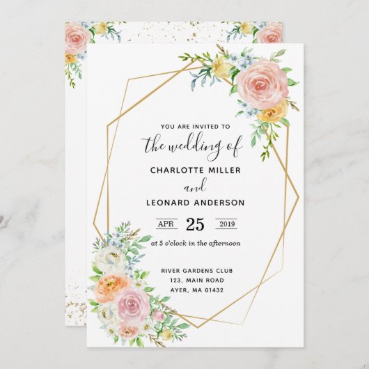 結婚式招待状の花の薄暗がりのピンクおよび金ゴールド 招待状 (正面/裏面)