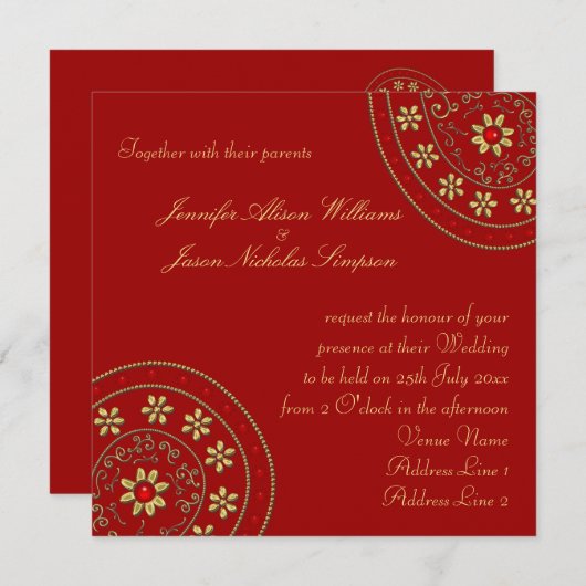 結婚式招待状の金ゴールド及びインスパイア宝石のインディアン 招待状 (正面/裏面)