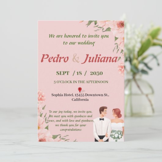 結婚式招待状はピンクシンプルの白で印刷 招待状 (スタンド正面)