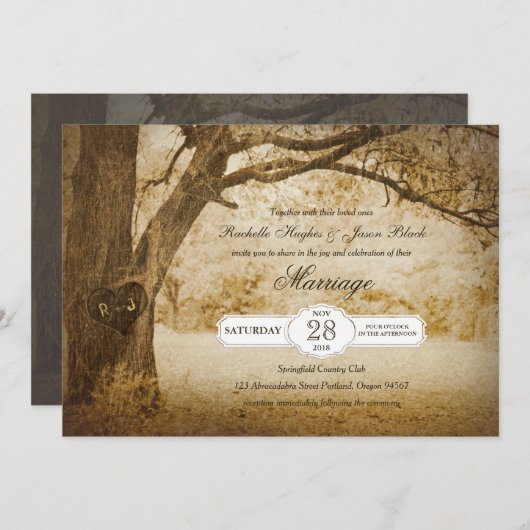 結婚式招待状を切り分けるヴィンテージの木 招待状 (正面/裏面)