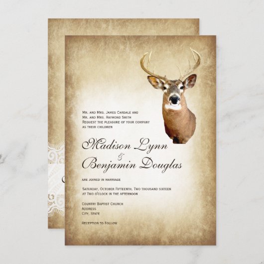 結婚式招待状を捜す素朴なシカの(雄ジカの)枝角 招待状 (正面/裏面)