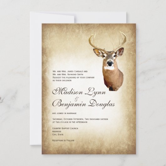 結婚式招待状を捜す素朴なシカの(雄ジカの)枝角 招待状 (正面)