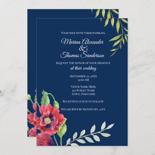 結婚式招待状ウォーターカラーレッドポピー離れズ 招待状 (正面/裏面)