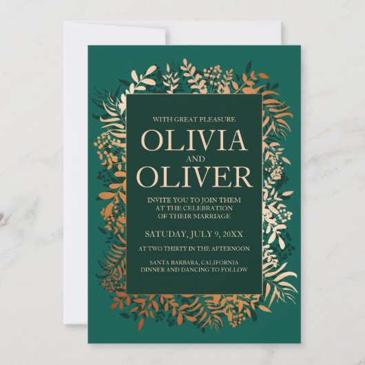 結婚式招待状エメラルド金ゴールドハーブ 招待状 (正面)