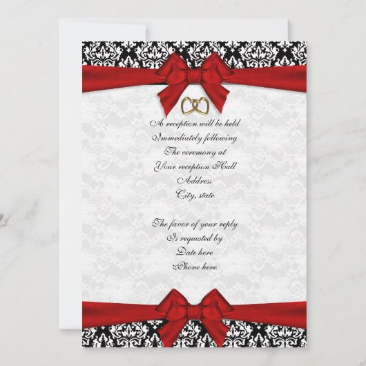結婚式招待状エレガントダマスクと赤い弓 招待状 (裏面)