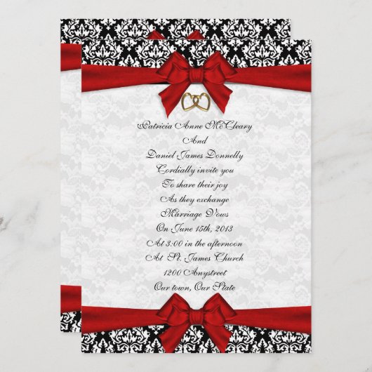 結婚式招待状エレガントダマスクと赤い弓 招待状 (正面/裏面)