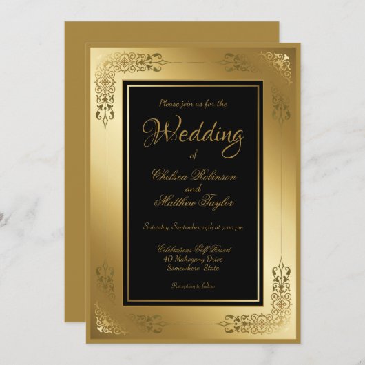 結婚式招待状エレガントブラックと金ゴールドフレーム 招待状 (正面/裏面)