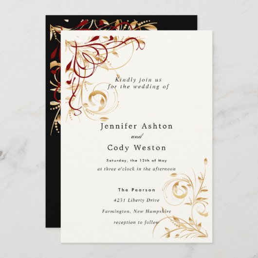 結婚式招待状エレガント金ゴールド旋回カラーの選択 招待状 (正面/裏面)