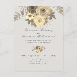 結婚式招待状エレガント黄色バラ淡い色のグレイ ポストカード