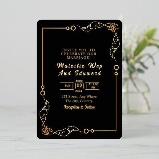 結婚式招待状カードゴールドフォイルデザインテンプレート 箔招待状 (立ち正面)