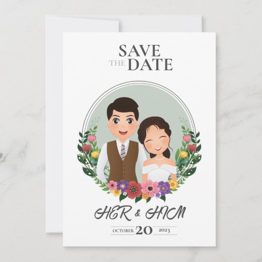 結婚式招待状カード新郎新婦の漫画 セーブザデート (正面)