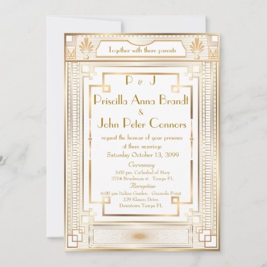 結婚式招待状カード素晴らし、ギャツビー、ホワイト、金ゴールド 招待状 (正面)