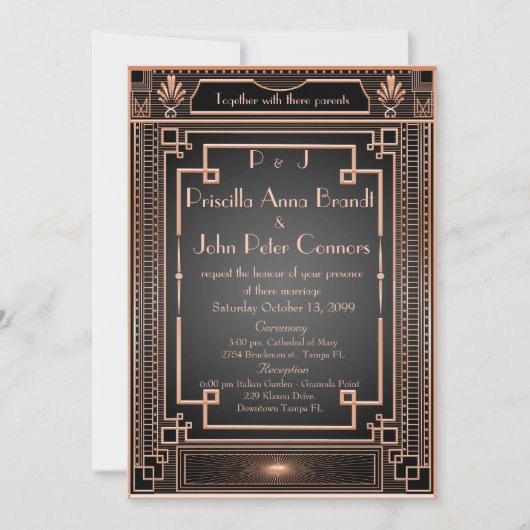 結婚式招待状カード，アールデコ，ブラック，ピンク金ゴールド 招待状 (正面)