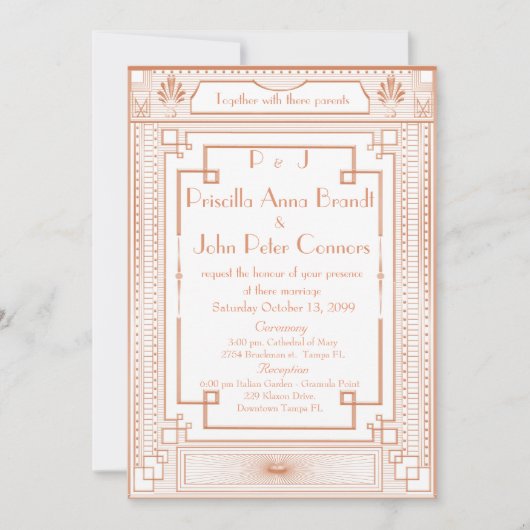 結婚式招待状カード，アールデコ，白，ピンク金ゴールド 招待状 (正面)