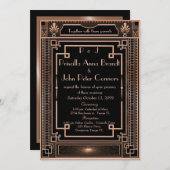 結婚式招待状カード，アールデコ，黒，ピンクの金ゴールド 招待状 (正面/裏面)