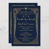 結婚式招待状カード、素晴らしいGatsbyの海軍、金ゴールド 招待状 (正面/裏面)
