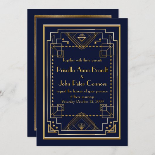 結婚式招待状カード、素晴らしいGatsbyの海軍、金ゴールド 招待状 (正面/裏面)