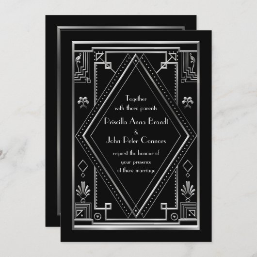 結婚式招待状カード、素晴らしいGatsbyの黒い銀 招待状 (正面/裏面)