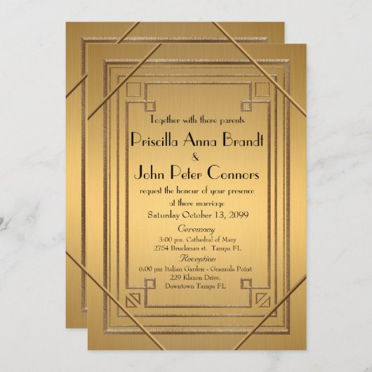 結婚式招待状カード、素晴らしいGatsby、金ゴールド及び金ゴールド 招待状 (正面/裏面)