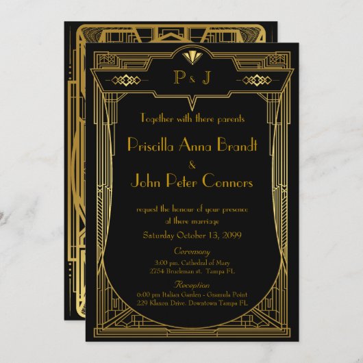 結婚式招待状カード，素晴らしギャツビー，金ゴールドブラック2 招待状 (正面/裏面)