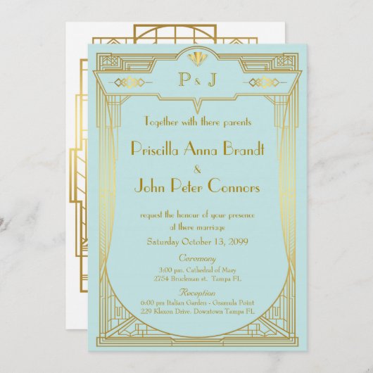 結婚式招待状カード，素晴らし,金ゴールドミント 招待状 (正面/裏面)