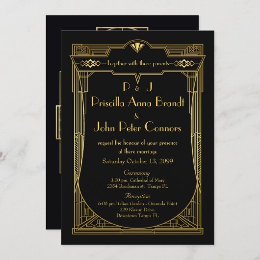 結婚式招待状カー素晴らしド,ギャツビー,黒,金ゴールド 招待状 (正面/裏面)
