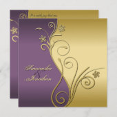 結婚式招待状クラシーパープル金ゴールドフローラ 招待状 (正面/裏面)