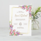 結婚式招待状ゴールデンフレームピンクの花 招待状 (スタンド正面)