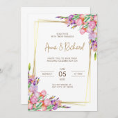 結婚式招待状ゴールデンフレームピンクの花 招待状 (正面/裏面)