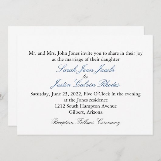 結婚式招待状シンプルとブルー文字 招待状 (正面/裏面)