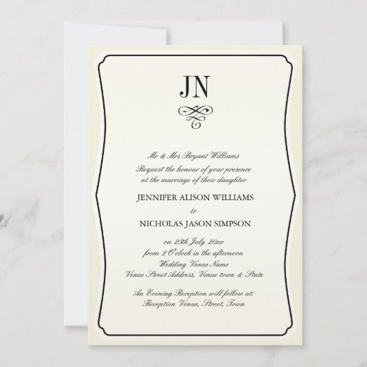 結婚式招待状シンプルの縁ど黒とスクロール 招待状 (正面)