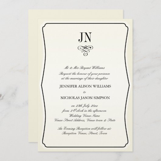 結婚式招待状シンプルの縁ど黒とスクロール 招待状 (正面/裏面)