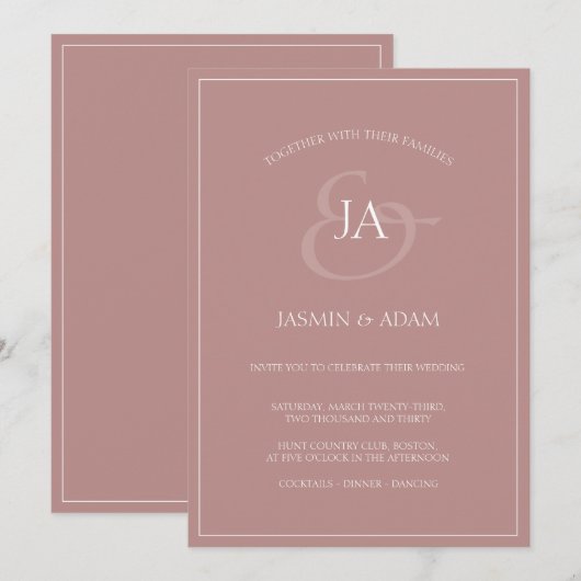 結婚式招待状シンプルダスティピンクモノグラム シーズンカード (正面/裏面)