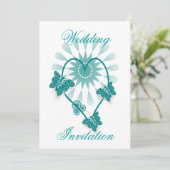 結婚式招待状ティール(緑がかった色)ハート及び蝶 招待状 (スタンド正面)