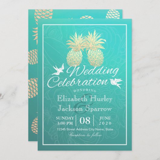 結婚式招待状ティール(緑がかった色)金箔パイナップルカップル 招待状 (正面/裏面)