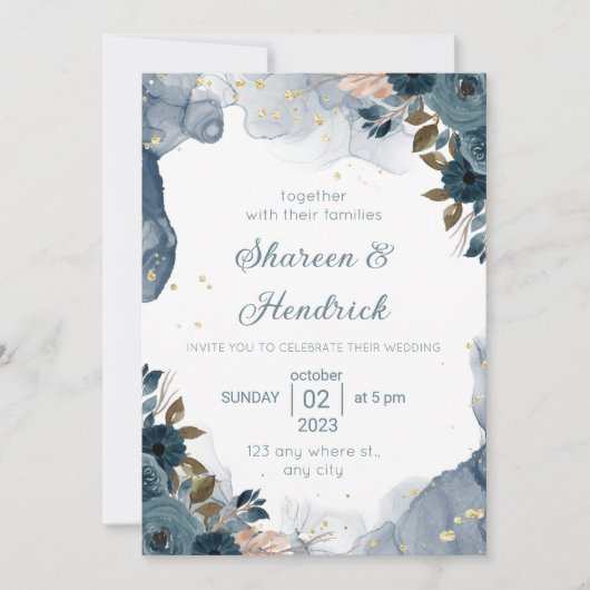 結婚式招待状ネイビーアルコールインクフローラバックグロ 招待状 (正面)