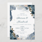 結婚式招待状ネイビーアルコールインクフローラバックグロ 招待状 (正面/裏面)