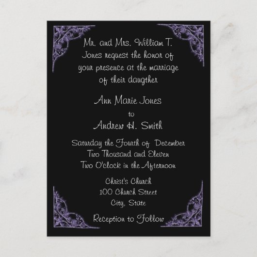 結婚式招待状パープルコーナーブラックポストカード インビテーションポストカード (正面)