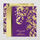 結婚式招待状パープル金ゴールドきらめくフローラ 招待状 (正面/裏面)