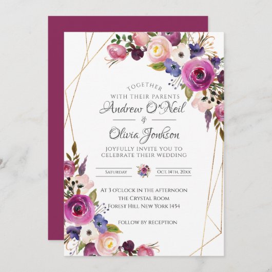 結婚式招待状パープル&ブルーバラ 招待状 (正面/裏面)