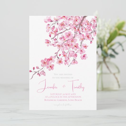 結婚式招待状ピンクさくらんぼ花 招待状 (スタンド正面)