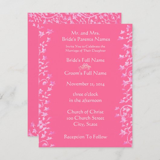 結婚式招待状ピンクの渦巻きと花 インビテーションポストカード (正面/裏面)
