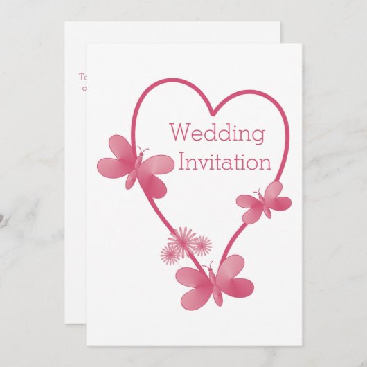 結婚式招待状ピンクハートと蝶 招待状 (正面/裏面)